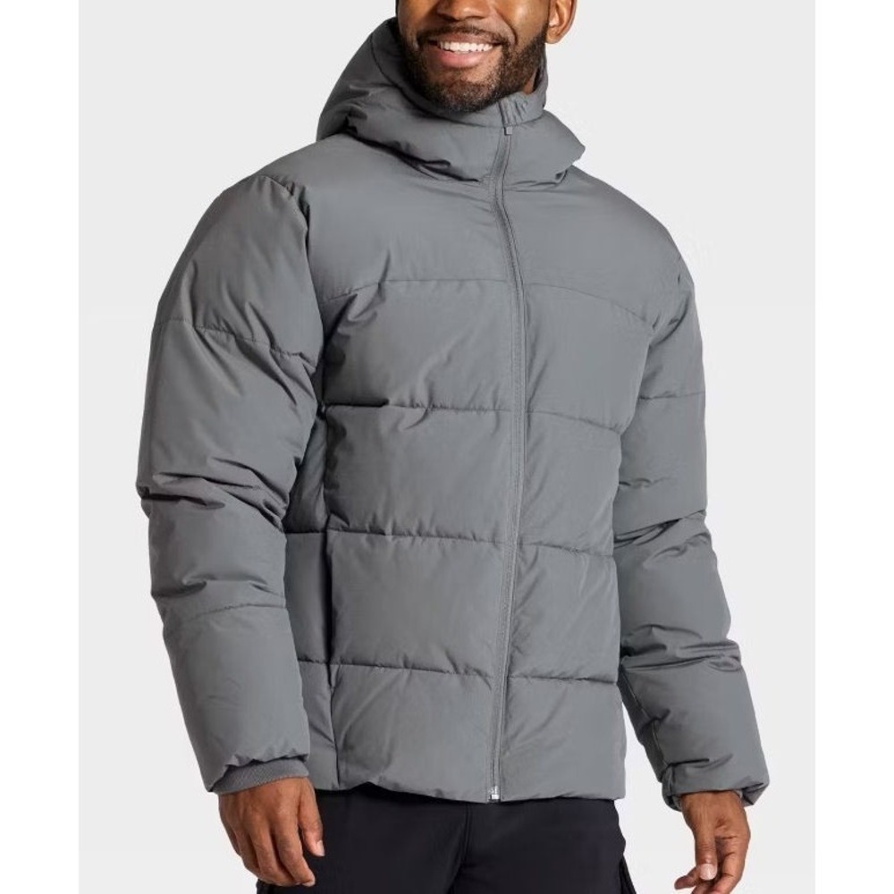 All In Motion Men's Water/Wind Resistant Hooded Puffer Coat - Gray - Large